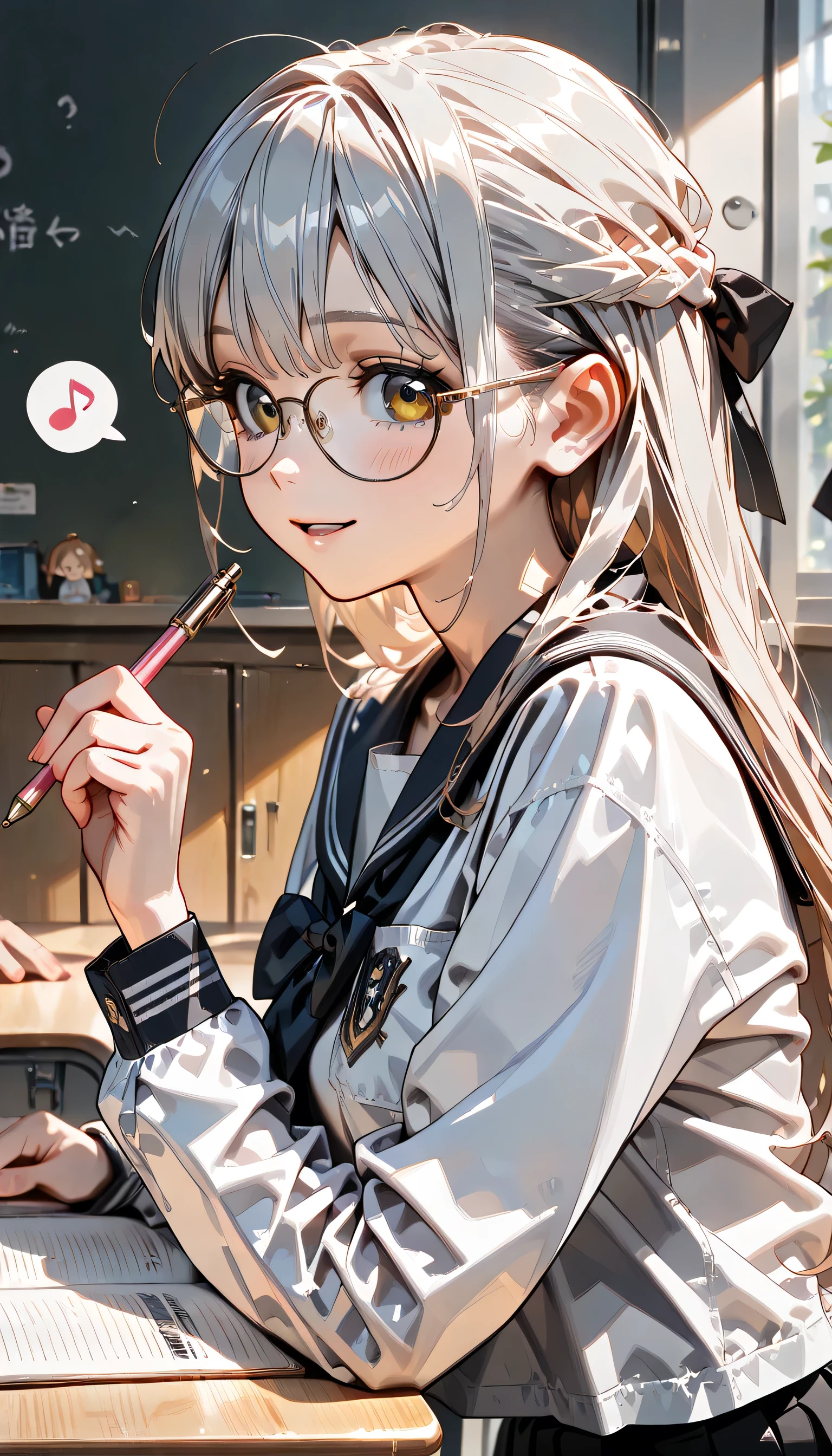 ((ultra-detailed)), (highly detailed CG illustration), (best quality:1.2), ultra-highly detailed, colorful composition, artistic photoshoot, 1girl, solo focus, ((upper body:1.4)), moe anime character, girl, dainty facial structure, (baby face), (round face), ((rounded chin:1.2)), celia-default, celia claire, blue eyes, ((wearing glasses:1.4)), ((round eyewear:1.4)), ((silver hair color)), long hair, ((half updo)), ample breasts, school uniform, sailor suit, traditional Japanese style with navy blue and white colors, ((smile)), ((blush)), ((spoken note:1.3)), ((in the Classroom)), ((writting a memo using a mechanical pencil:1.3)), ((writting a memo in my notebook:1.3)), ((Looking at the notebook:1.3)), from side, best quality, masterpiece, expecting, pink cheek, blush, light pink gloss slip, portrait, depth of field, soft lighting, sidelighting, (shine), lighting, caustics, ray tracing, smile, perfect face, lustrous skin, highly detailed face, highly detailed eyes, perfect face, perfect nose, perfect hair, perfect eyes, perfect anatomy, beautiful hair, beautiful small face, extremely detailed face, beautiful detailed eyes, beautiful clavicle, beautiful body, beautiful ample breasts, leavage, breasts squeezed together, equalize the size of the left and right breasts, beautiful thin thighs, beautiful legs, beautiful fingers, ((4 fingers)), 1 thumb, lovely, (very detailed background:1.0), (highly detailed background:1.0), spring aesthetic, intricate details, joyful atmosphere, spring colors palette, chromatic aberration