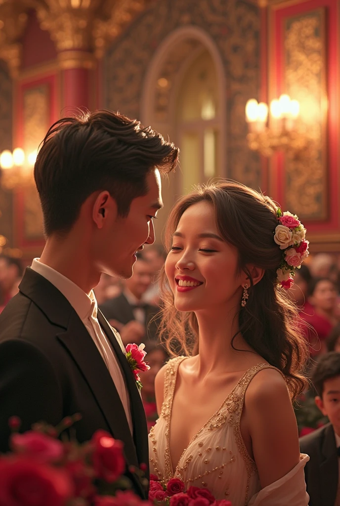 there is a man and woman that are dancing together, screenshot from a movie, roberto ferri and ruan jia, still image from the movie, still from the movie, backdrop, natasha tan maciej kuciara, a still of a happy, inspired by Jiao Bingzhen, high-res, high - res, complex background, fine portrait, portrait shot