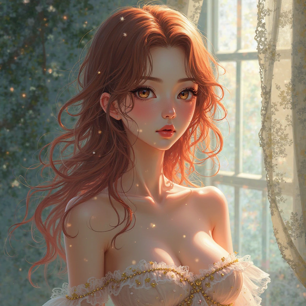 True anime Princess Daisy, against glass, 36C breast, long red hair, shy smile, dark red lips, dark eyeshadows, dark eyeliners, streching yellow dress -imagine --auto --s2