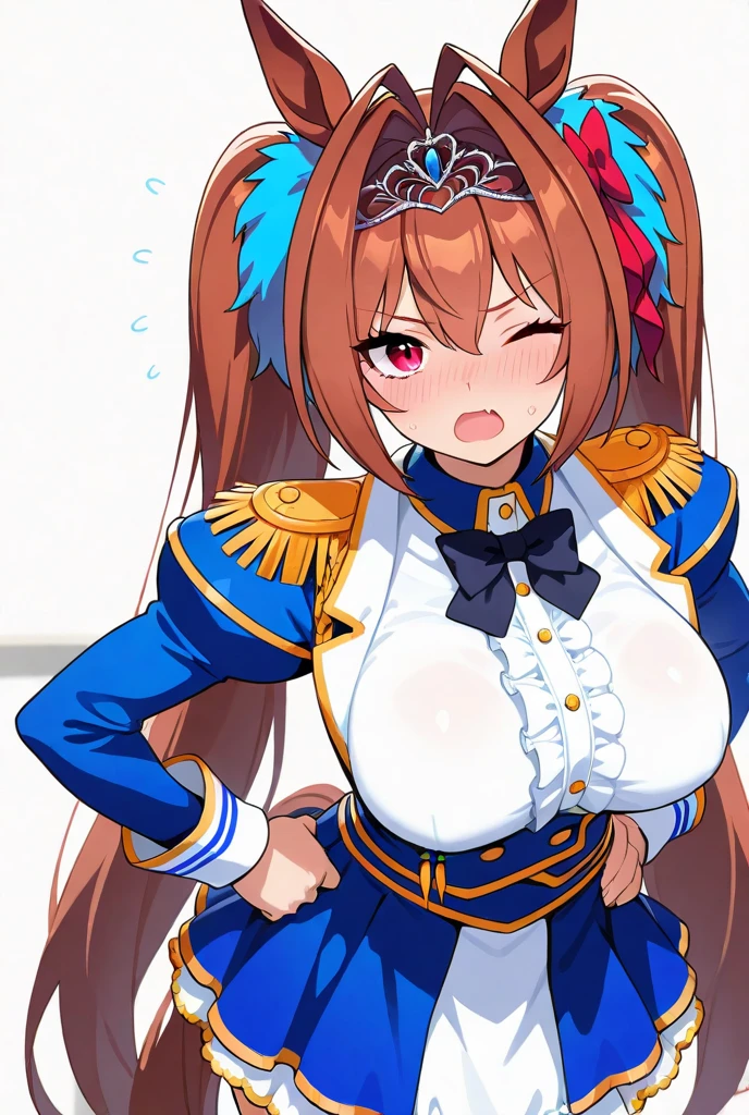 score_9, score_8_up, score_7_up, 1girl, daiwa scarlet, tiara, twintails, tumamusume, horse ears, horse tail, white bodysuit, bent slightly, large squirt trail, spewing liquid from crotch, squirting through clothes, eyes crossed, pleasure face, in public, hands behind head, tongue out
