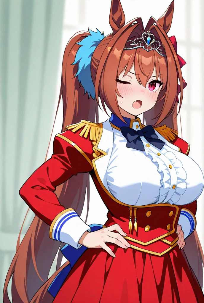 daiwa scarlet, brown hair, hair intake, red eyes, long hair, twintails, animal ears, horse girl, hand on hip, gold earrings, large breasts, jewelry, heart shaped, military cap, beret, (military uniform), (epaulette), jacket, harness, thigh strap, black thigh boots, skirt, (pencil skirt), miniskirt, frown, evil smile, open mouth, smirk, huge breast, cowboy shot