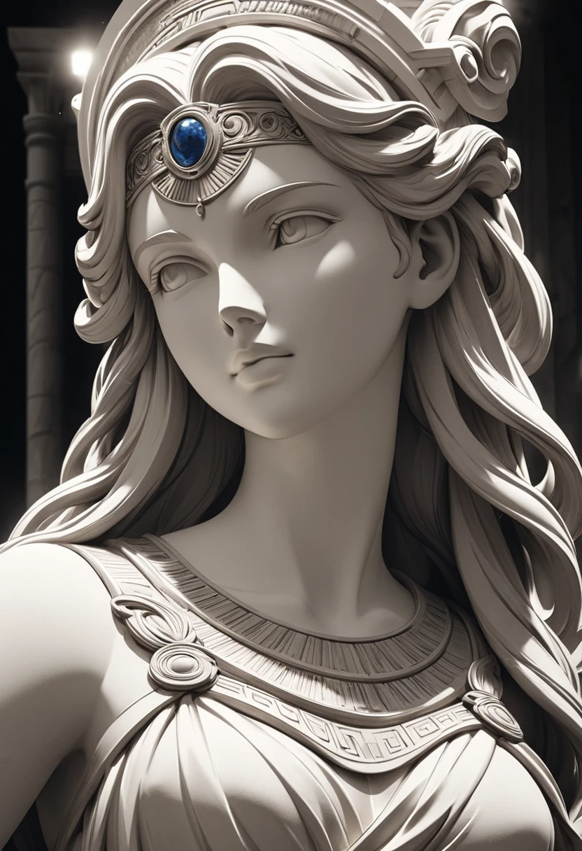  ( perfect anatomy ) Close-up bust of long-haired woman statue ancient greece elegant smile gorgeous very beautiful greek goddess statue movie atmosphere lighting retro style greek stone statue extremely rich details greek goddess statue, Painted in beige，The color of the statue is beige monochrome with intricate and detailed patterns and textures. Highly detailed structure digital art., high detail, High quality animation style