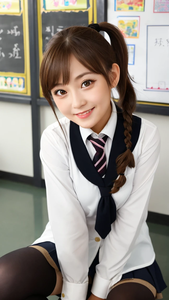 Twin-tailed, 1 Beautiful Girl, Beautiful face, (Slender body:1.2), Realistic, extremely detailed CG unified 8k wallpaper, ighly detailed, High-definition raw color photos, professional photograpy, Realistic portrait, Cinematic Light, Beautiful detailed, (Beautiful breasts:), (cleavage of the breast:1.2), (Uniform with wide open chest:1.5), (Mini skirt:1.3), (Very small white lace panties:1.5), (Squatting:1.1), cameltoe details, Indoors, School, (Best Quality:1.4), Super Detail, High quality,