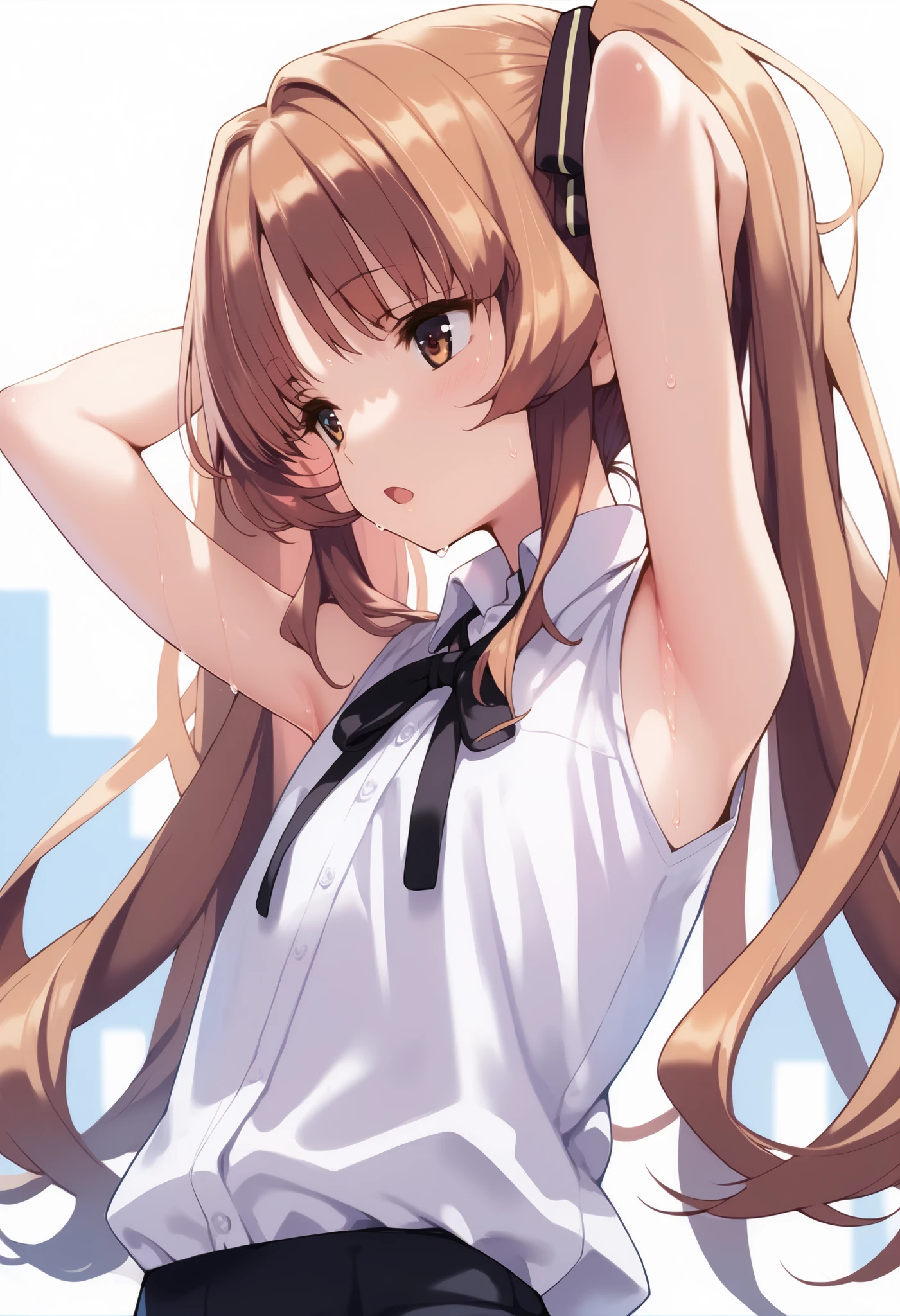 score_9, score_8_up, score_7_up, source_anime,dutch angle, (highly detailed:1.3),1girl,solo,ht_remon,brown eyes,flat chest,long hair,twintails, hair ribbon,(white shirt,dress shirt,sleeveless,mini skirt,black neck ribbon),(shirt tucked in:1.3),(upper body,armpit focus,arms behind head,side view),sweat,open mouth,