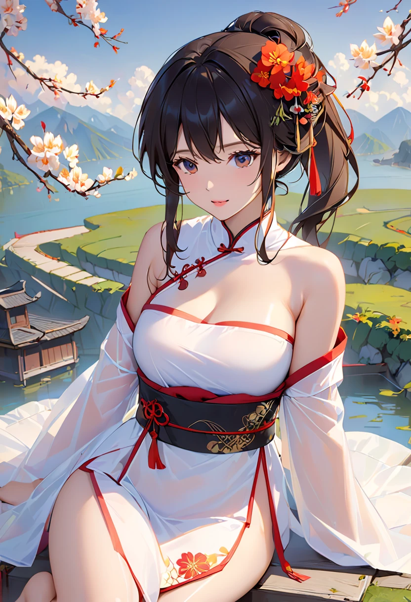 Beautiful Chinese girl,Wearing Hanfu,(transparent),Black long hair,watcher,Sitting on the grass,Lovely,A slight smile on the face,Large bust,Beautiful breasts are long and sagging,Cleavage close-up,(Slim legs:10.0),Peerless Beauty,Wearing Chinese ancient jade hairpin jewelry