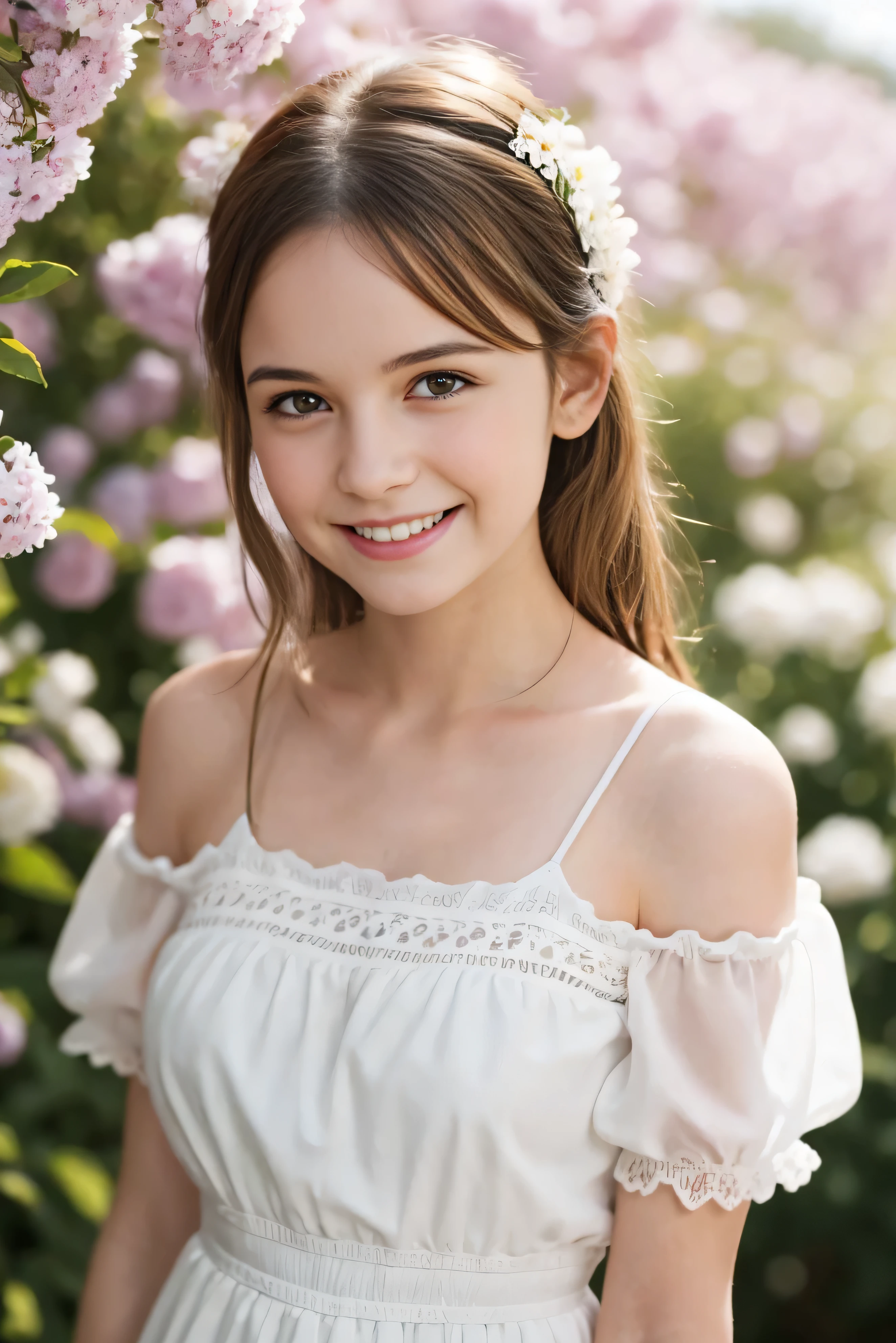Masterpiece, Best quality, 8k, 18 ans, Photo brute, absurdes, Award-winning portrait, sourire, sourire, pure, french, elegant vibrant blue dress, spring, orchard in bloom, laces, famous singer, cute