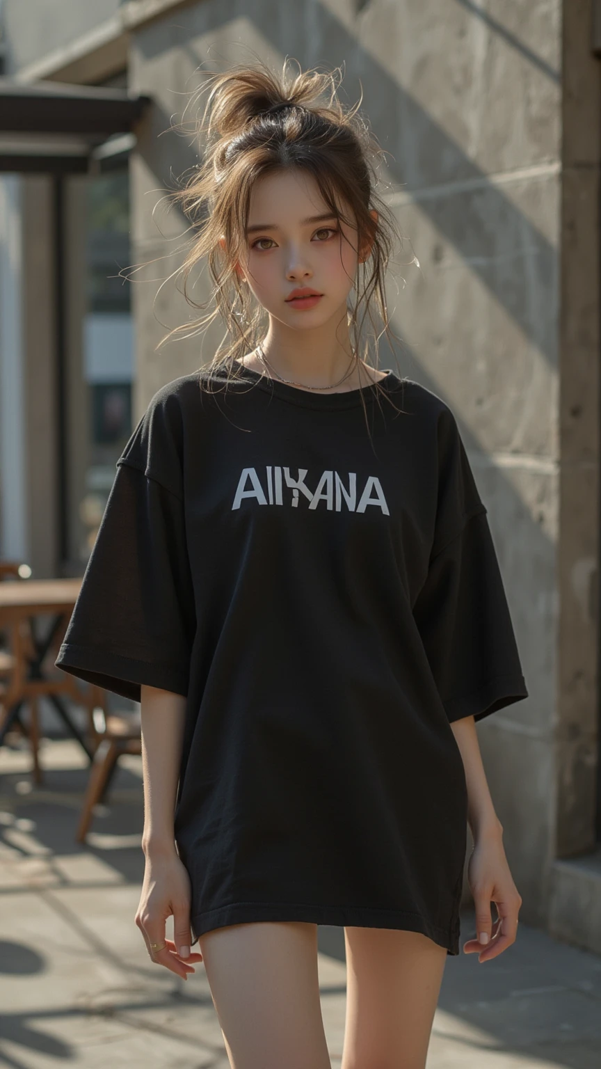 solo , 1girl , American girl Sitting , shirt rock punk styes , big , skirt rock punk styes , bracelet