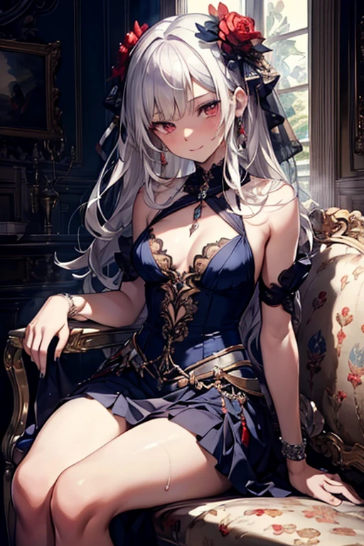 ((highest quality)), ((masterpiece)), (detailed), (Perfect Face)、The woman is Extia Spica, with long silver hair tied in two ponytails at the back.、She has red eyes, a gorgeous black long slit see-through dress that shows off her skin, a see-through cape with fur, a jeweled necklace, a tiara, earrings, a head dress-up chain, a waist chain, bracelets, anklet, etc.々She wears lavish jewelry and shiny black boots.