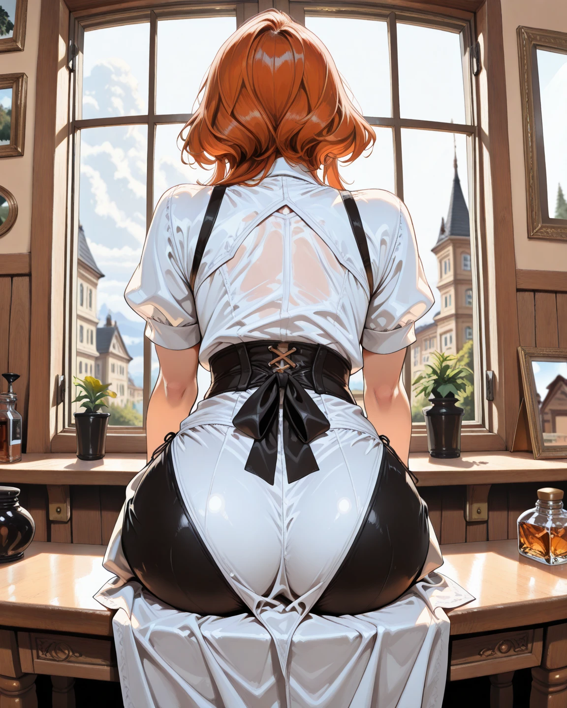 anime artwork, score_9, score_8_up, score_7_up, score_6_up, score_5_up, score_4_up,alisasr, 1girl, orange hair, red eyes, fake black cat ears, hairband, long hair, very long hair, twintails, hair ornament, hair bobbles, low twintails,, \\\\\\ style_3, floox style \\\\\ , nude,naked, , ass,ass focus,pussy,bent over table,high heels,no panties,presenting ass,solo,solo female,spread legs,submissive female,bar,,young,very high heels,white legwear,facing away,below view