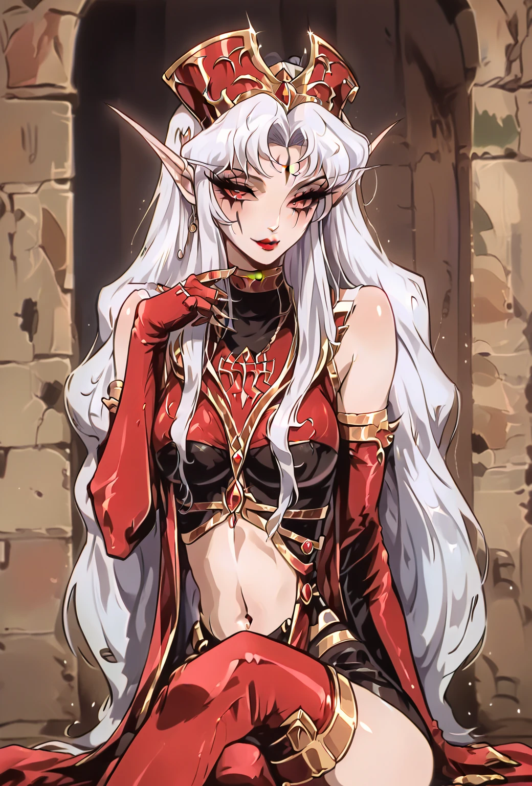 (masterpiece:1.2, best quality), Ruin_queen_of_oblivion, kagami takahiro, 1girl, long hair, white hair, round eyes, red skintight outfit, hair ornament <lora:takahirokagamiyugioh-midpoint:0.785> <lora:Ruin_queen_of_oblivion_v1:0.8>