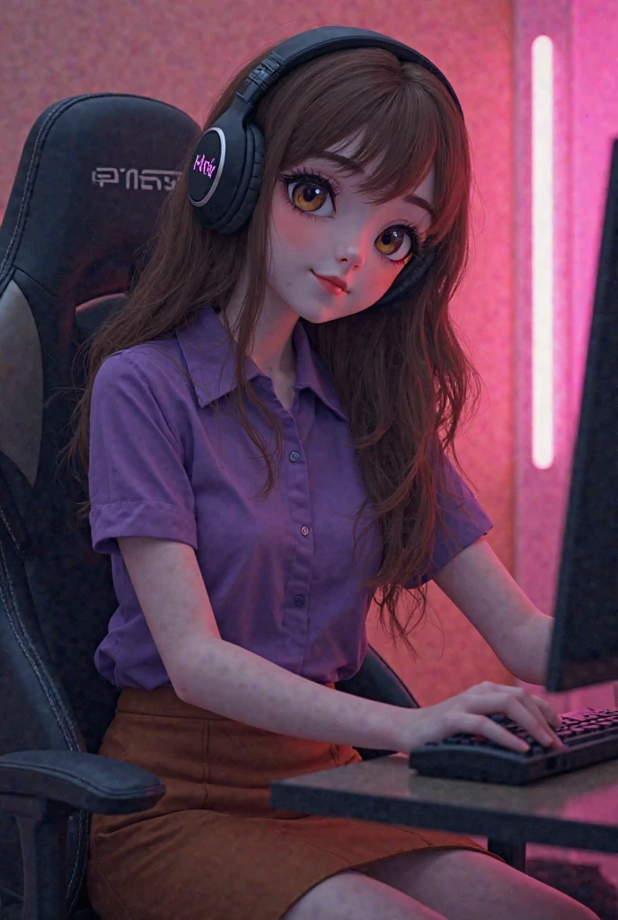 4k, Single girl, Cartoon style, beautiful, full body, anime, cute(Pixart) (best picture) colorful, kawaii, anime, Cute , gamer, long brown hair, by Maria Chiquinha, wearing (pink kitten ears headphones) , mischievous, beautiful big eyes with reflections, pink overalls outfit, on the computer, cheerful