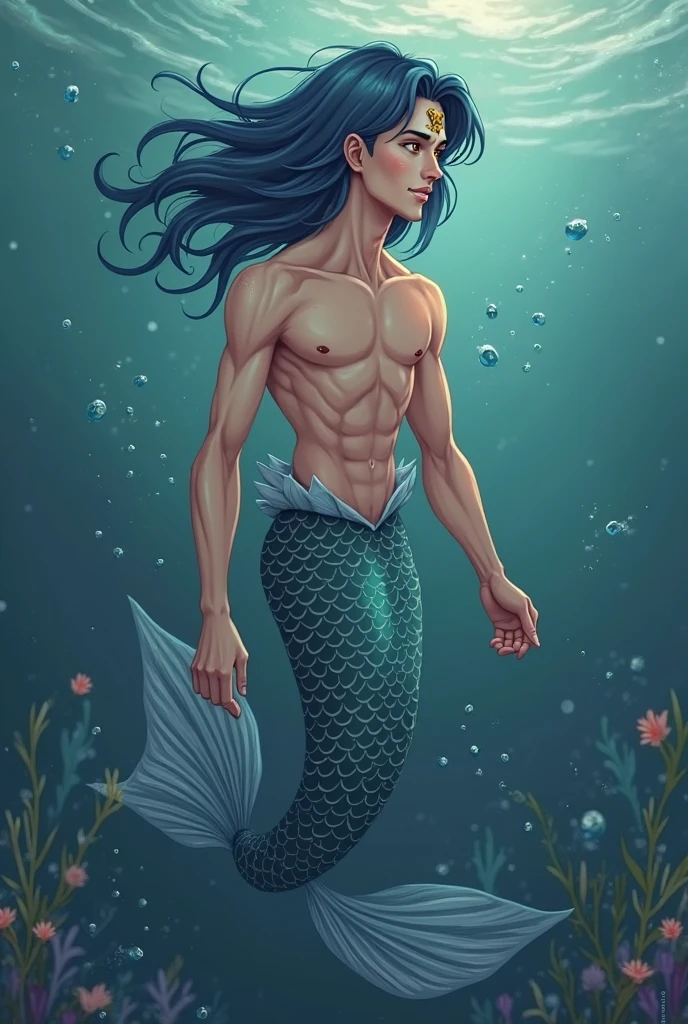 An alluring and captivating portrait of a Mermaid Man, submerged in the mesmerizing underwater world of a Disney animation. His enchanting figure, a Disney's ingenious take on a man-fish hybrid, is dressed in a white T-shirt, highlighting his human torso. Beneath the waterline, an intricately detailed tail, shimmering with iridescent scales and delicate webbing, completes his mermaid form. Disney's distinctive attention to detail is on full display, as each fin and scale are rendered with exquisite precision.
Surrounding him, dynamic lighting effects cast plays of light and shadow over his figure, enhancing the vibr