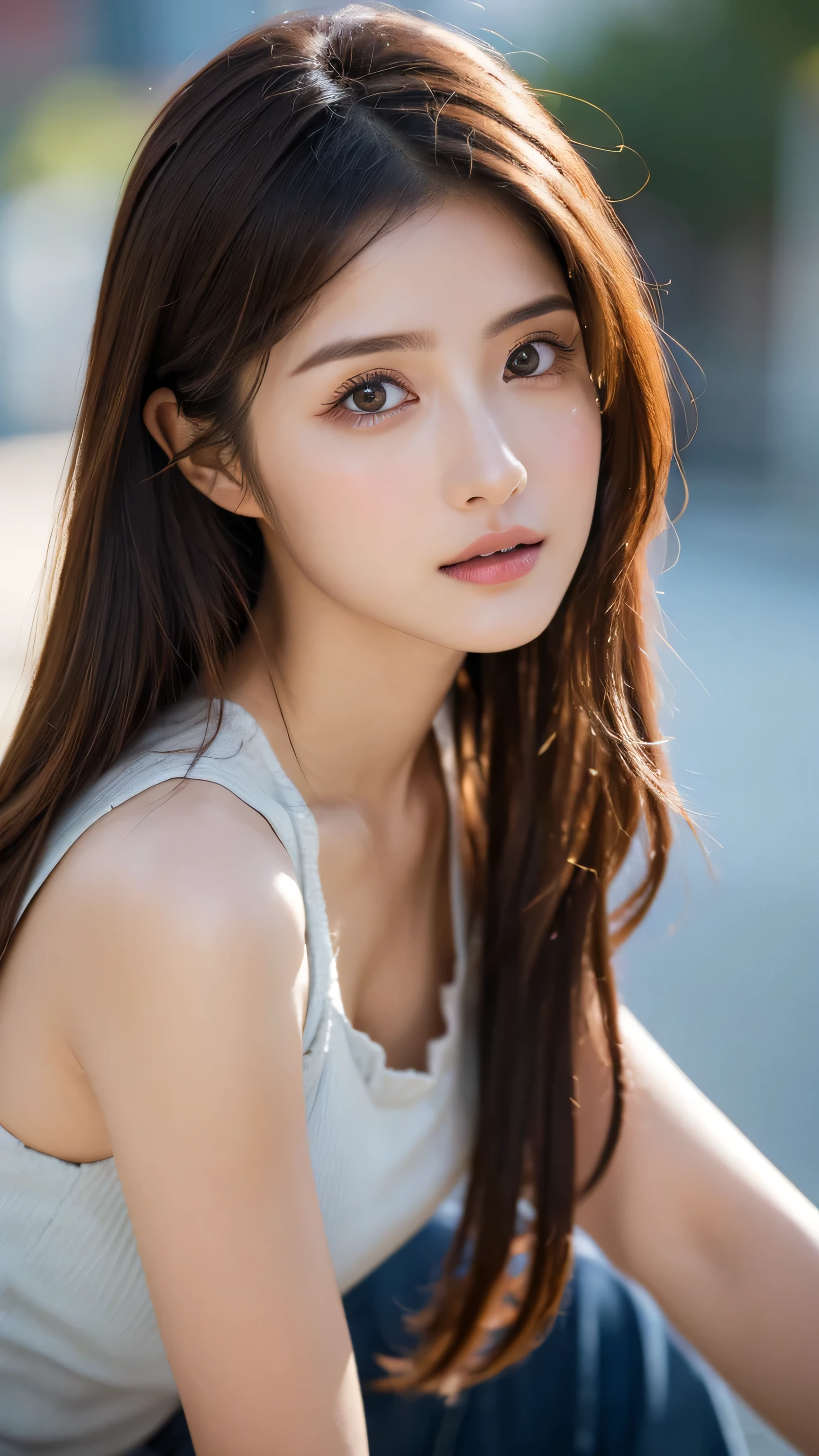 ((Realistic lighting、beste Quality、8K、Master Masterpiece:1.3))、Clear focus:1.2、a 1 girl、Perfect Body Beauty:1.4、Slim abs:1.1、a whole body、((darkbrown hair、a large breast:1.3))、(Acceleration:1.4)、(al fresco、Daylight:1.1)、View of Waikiki Beach、Palm Tree、slender face、Fine eyes、Double eyelidd、poses of fashion models、Floating hair、T‐shirt、Pendants、Angel Smile