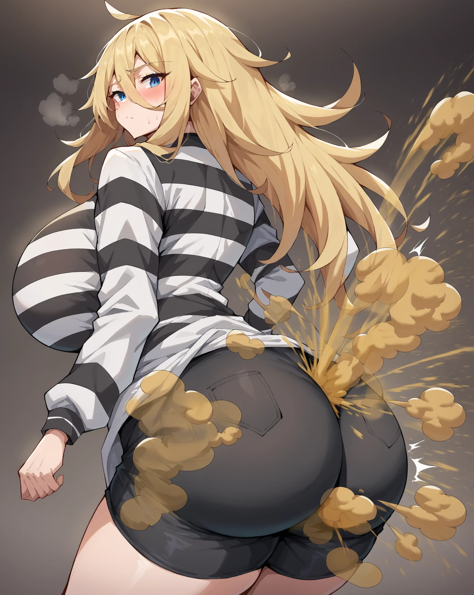 anime , Silver Hair,Bob hair big breasts,((Lori))(High quality eyes) ,(squat), Looking at me Indoors, solo, ((school uniform)) (Black Uniform) Embarrassed, Charming smile blush, (From below)+, ((Yellow smoke rising)) (Stand in front of the screen),(Her ass is facing the screen)) (((A girl farts)))(White)