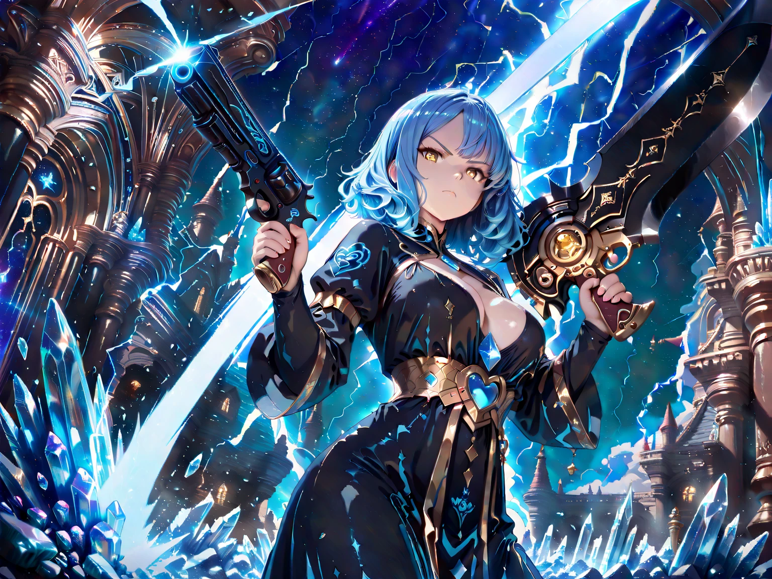 best quality,4k,8k,highres,masterpiece:1.2),ultra-detailed, extremely detailed eyes, extremely detailed body, (large masterpiece digital art), (detailed manga illustration), (detailed line art), ((perfect anatomy)), (intricate details:1.3), (ultra-detailed:1.3), (illustration:1.3), (sharp focus:1.3), (natural lighting:1.05), (vivid colors:1.3), (masterpiece), best quality, expressive eyes, perfect face, 1 girl, breasts, gloves, large breasts, {blue hair}, medium hair, wavy hair, (gray eyes), hourglass physique, huge ass, dynamic pose, dynamic lighting, fur trim, hair bun, glowing, crystal, helmet, armor, ((full armor)), cuisses, shoulder armor, belt, hand guard, boots, glove, particles stream, creationmagic, ethereal creation, Magic Circle, glowing, crystal, jim lee, Brazilian woman, hair bun, fur trim, jewelry, crystal, wild energy, cinematic lighting, heroic atmosphere, Beautiful woman, Atey Ghailan, Jeremy Mann, Greg Manchess, Antonio Moro, trend in ArtStation, trend in CGSociety, Intricate, High Detail, Sharp focus, dramatic and photorealistic painting art by Midjourney and Greg Rutkowski, Marvel Cinematic Universe style, (((mystical gothic castle in the background))), crystal sword in hand,