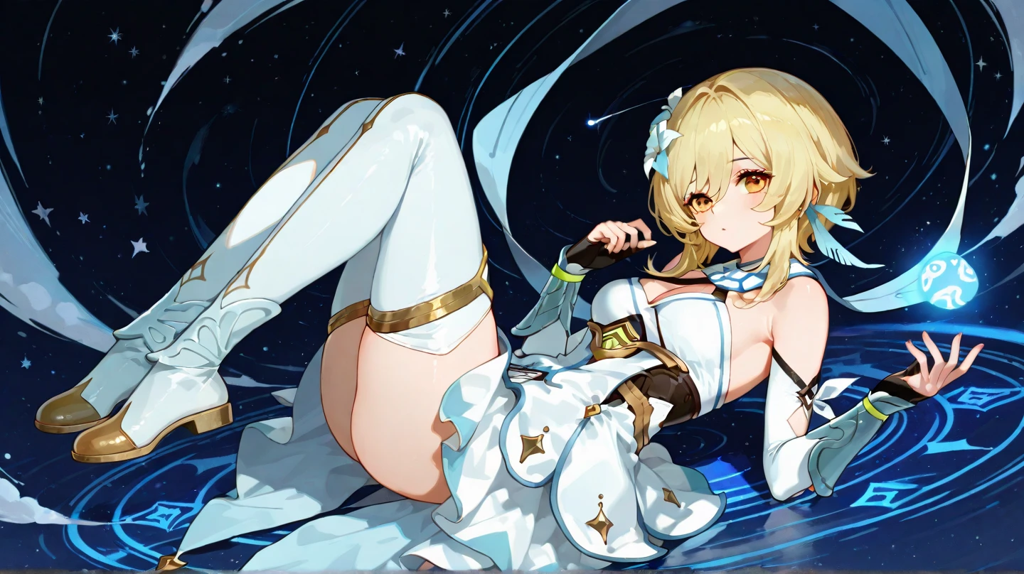 Blonde, blue eyes, long hair, white skin, White knife pleated skirt, Gold Pointed Cincher corset, White tube top, White knee high socks, White Mary jane shoes, White Flounce sleeve, Short gloves, Golden necklace, Shiny golden halo, Loose hair with small pigtails, pointy nails and bright eyes.