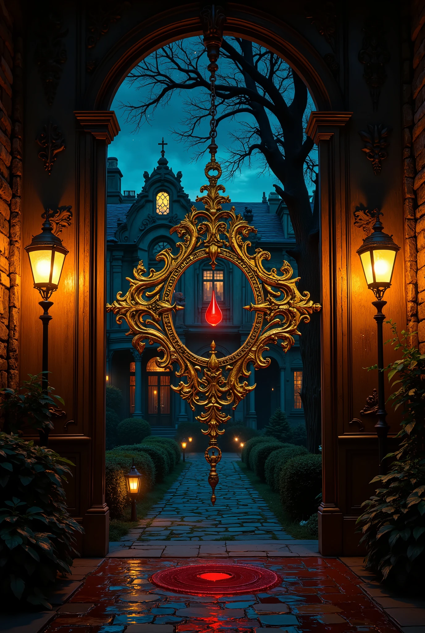 A wooden door, intricately carved with a central diamond-shaped panel adorned with swirling gold filigree. Within the diamond, a single crimson droplet of blood seems to float, pulsating faintly with an inner light. Beyond the door, a cobblestone road, lined with antique gas lamps casting a warm, amber glow, stretches towards a majestic, ancient manor house. The house, bathed in the ethereal light of a star-dusted night sky, displays an array of exquisitely detailed windows reflecting the celestial bodies. A lush, dark garden, hinting at hidden secrets, surrounds the house. The scene is rendered in the style of detailed hyperrealism, with a focus on sharp contrasts between the warm, golden tones of the door and lamplight and the cool, deep blues and blacks of the night. The blood droplet acts as a focal point, rendered with hyperrealistic detail, showcasing its viscous texture and reflective qualities. The overall mood is one of mysterious intrigue and subtle horror, balanced by the beauty of the night and the architectural grandeur of the house. The camera perspective is slightly elevated, looking down onto the door, emphasizing its importance. The composition is balanced, with the door as the central element, leading the viewer's eye towards the house in the background. The image should evoke a sense of wonder and unease, a blend of fairytale charm and gothic horror. 8k resolution, octane render, trending on artstation.