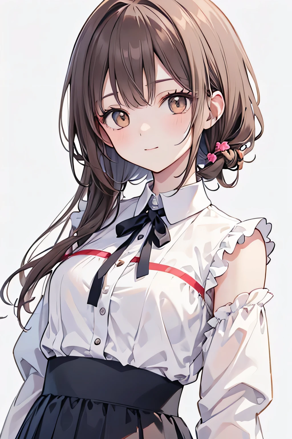 masterpiece, best quality, high quality, detailed face, 1girl, solo, young woman, 19 years old university student, aspiring nurse, slightly petite build (around 152cm), slender, calm brown shoulder-length hair loosely tied back, large dark brown eyes, wearing simple neat casual clothes (like a light color blouse and skirt), gentle smile, calm and intelligent expression, slightly reserved atmosphere, anime style illustration, 2D art, white background, plain background, simple background
