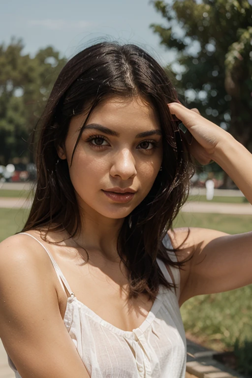 Create a photorealistic portrait of a 21-year-old Colombian girl with long, flowing dark hair and striking dark eyes, participating in various activities including playing tennis and lying on tree roots. She should have a natural, approachable expression, illuminated by soft, golden-hour sunlight. The backgrounds should feature scenic outdoor settings, such as a sunlit park, a serene beach, and an outdoor tennis court. Capture these images in high resolution, best quality, 4K, ultra-detailed, and realistic. Utilize an 85mm lens to achieve a flattering perspective. Ensure the scenes are masterpieces, with intricate fine detail, elegant, sharp focus, illuminated, and highly cinematic.