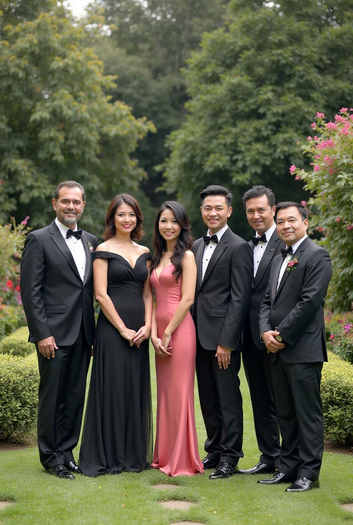 A boy and a girl, 1 woman (She has long black hair), 1 man (he has short black hair).wearing a formal dress, Anime style,Delicate facial features,Beautiful eyes,Expression smile,Delicate facial features,Pretty Face,daytime, Stand in the forest, Sunlight,Backlight