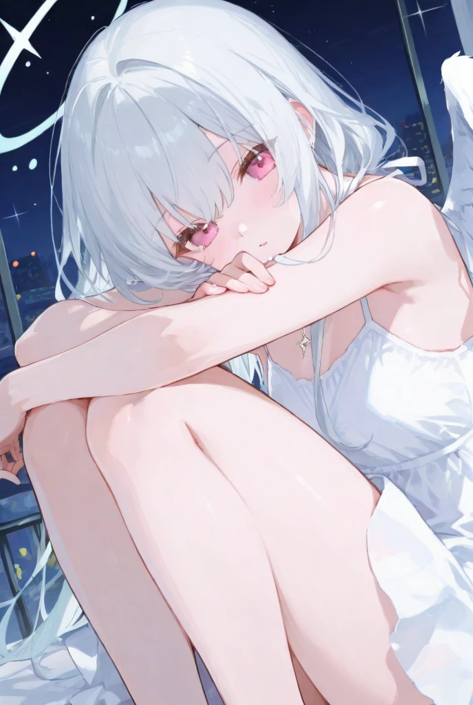 score_9, score_8_up, score_7_up,source_anime, best quality, highres, absurdres, FAVORITE, Hoshizora_no_memoria ,[Ototsu_Yume], White Hair, medium_hair,Red_eye, Red_(string_Hair_Ribbon:2), nude ,NSFW ,Hentai ,cowgirl,legs_spread, (grab_thighs:1.8) , Uncensored, (POV:1.8), lying, open_clothes, orgasm, thigh_focus ,vagina , naked, nude, bare, 1mole on left thigh ,night ,starry star ,in the car ,love ,heart eye ,looking at Viewer , car sex ,