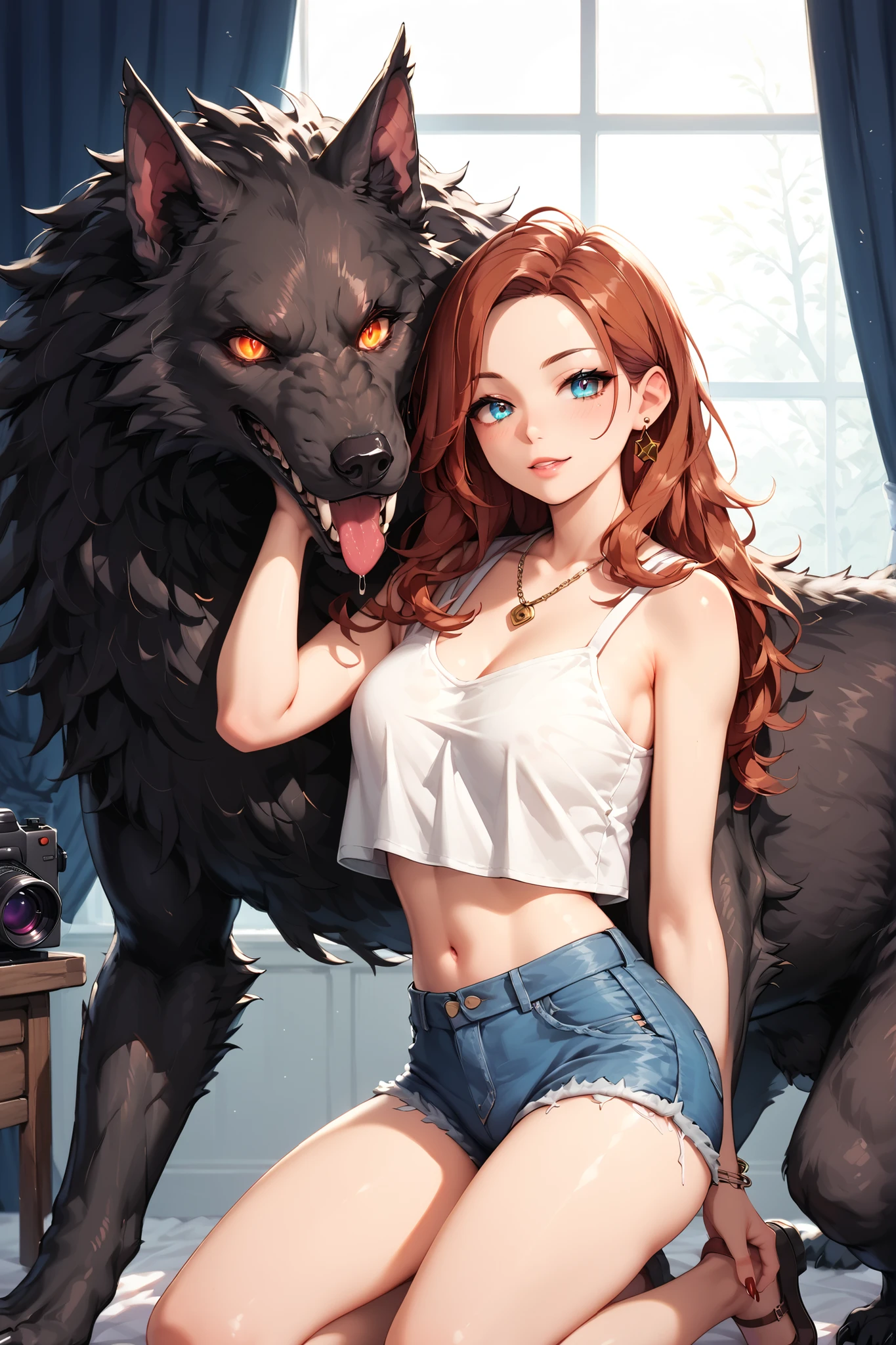 A kneeling figure with long, wavy auburn hair, wearing white crop top and blue denim shorts, is embraced by a large, menacing werewolf creature with glowing eyes. The creature has dark fur, sharp claws, and bat-like wings, adding a fantasy or horror element to the scene. The figure holds a teddy, creating an intriguing contrast between innocence and the ominous presence of the werewolf. The lighting is soft and natural, coming from a window in the background, casting diffuse shadows, and creating a mysterious and surreal atmosphere.