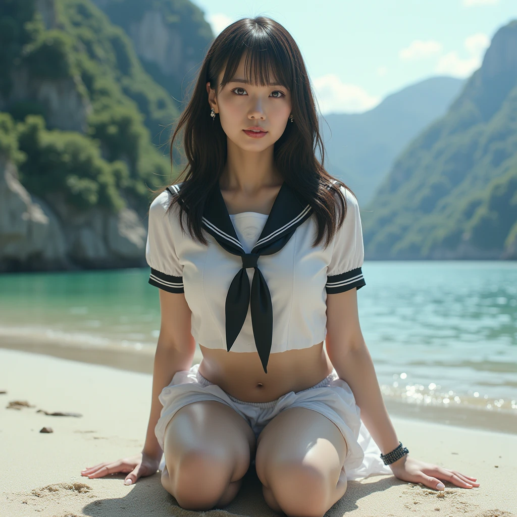 (Highest quality)、(masterpiece)、１Japan High School Girl、Uniform with open chest、Slightly large boobs、Beautiful feet、Whole body thin、cute、Fair skin、Background is beach、Beauty