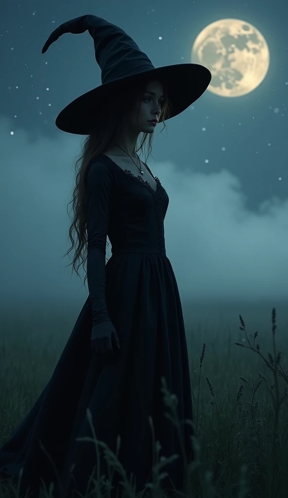 Woman walking head-on down a road at night, with fog and shadows, wavy and long black hair, hand hidden, high quality, ultra-detailed, 8k, masterpiece, (volumetric lighting), black magic, fanciful, lilac colors, purple, black and vivid shadows on the woman's return. --auto --s2