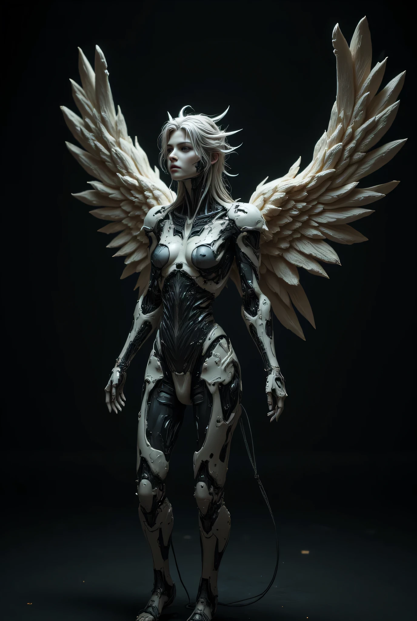 Futuristic women cyborg or robot Sculpture or statue of David on a dark background face angel with angel hair, face cyborg and human mix roman face full body 100 per cent black background, ultra realistic wings and ultra tecnologic wings, david sculpture style, grecian statue style mix robotic 2 antens