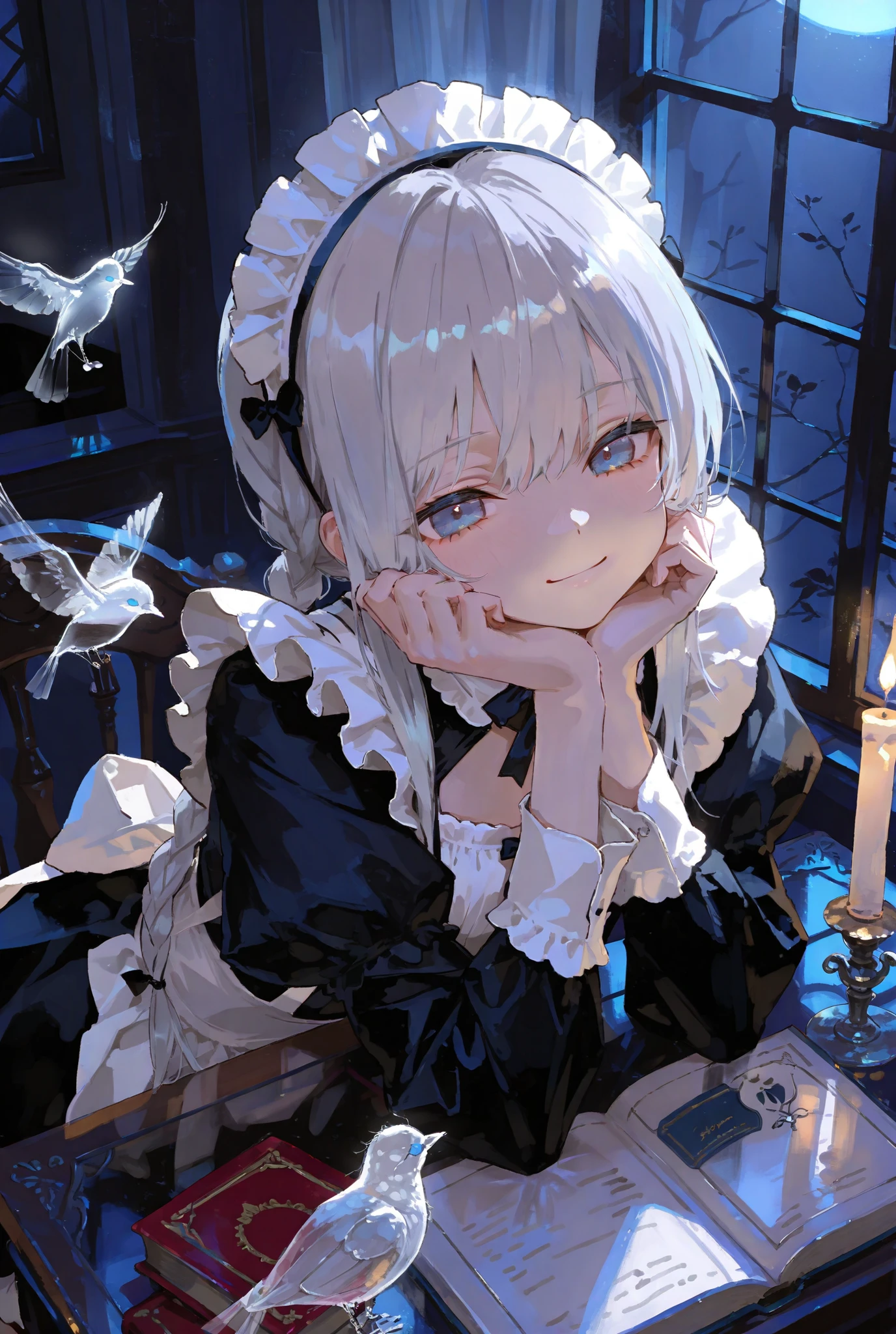 Best quality, detailed, night and candlelight, girl, smiling, French maid outfit and maid cap, flat chest, silver hair, long braids, blue eyes, simple bedroom, moonlight through window, book on table, chin resting on desk, from above, transparent glass bird flying inside