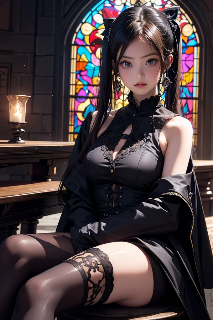 1girl, 35-years-old, long long flowing dark hair, glassy hazel eyes, wearing very very short leather shirts, black short leather underboobs t-top, in a shadowy chapel, mosaic windows, 8k, fine details, sharp, very detailed, high resolution, masterpiece