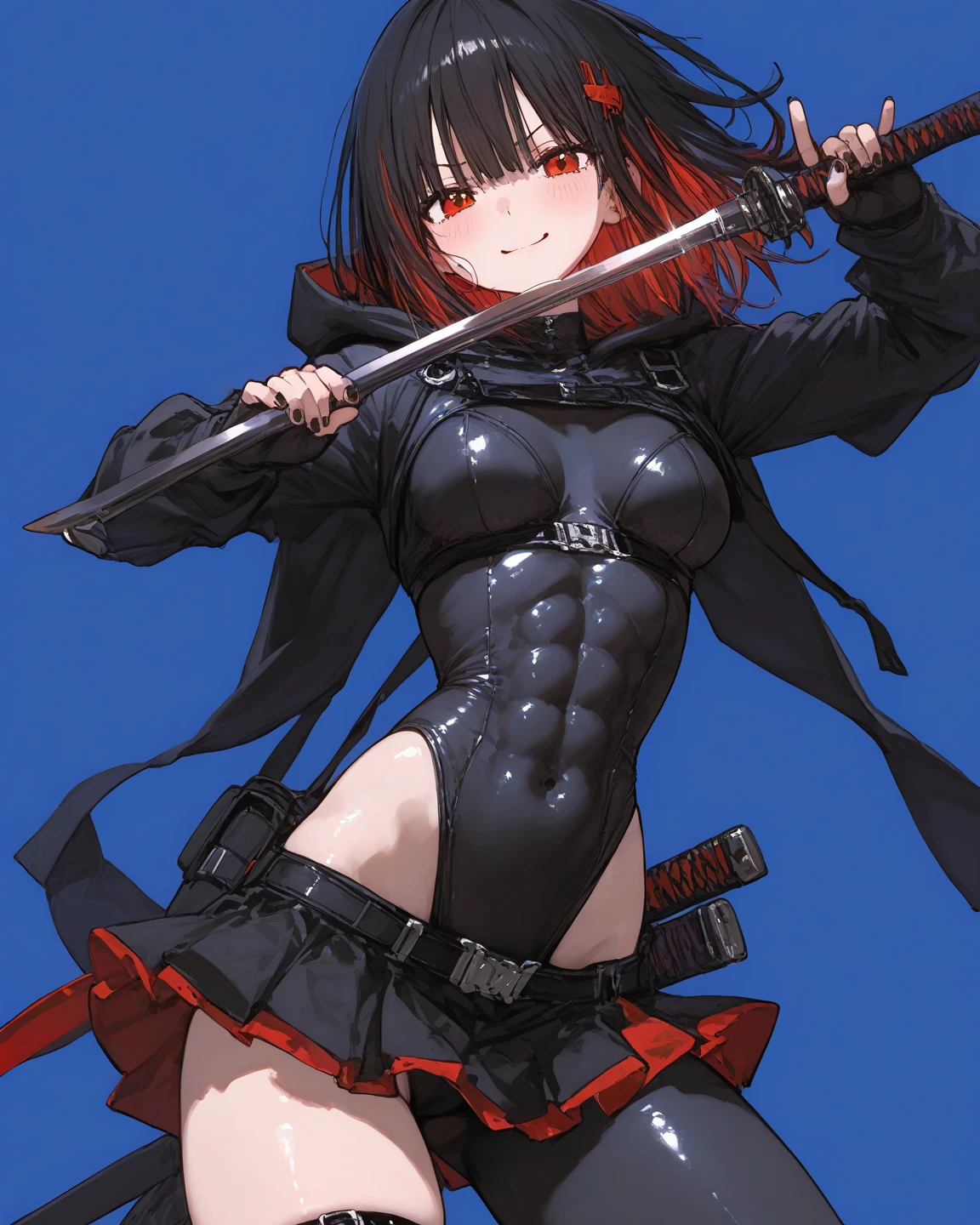 Anime girl, thin, slave, tall, big breasts, red hair, ginger, blush, rogue, roguelike, dirty, rough, ripped clothes, torn clothes, short clothes, barely clothed, exposed skin, small clothes, almost naked, assassin, slave, slave collar, chain, extremely short pants, belts, bra, panties, only underwear, exposed arms, no sleeves, no pant legs, no top, no clothes, no jacket, revealing clothes, exhibistionist, masochist, knives, carrying weapon, knife