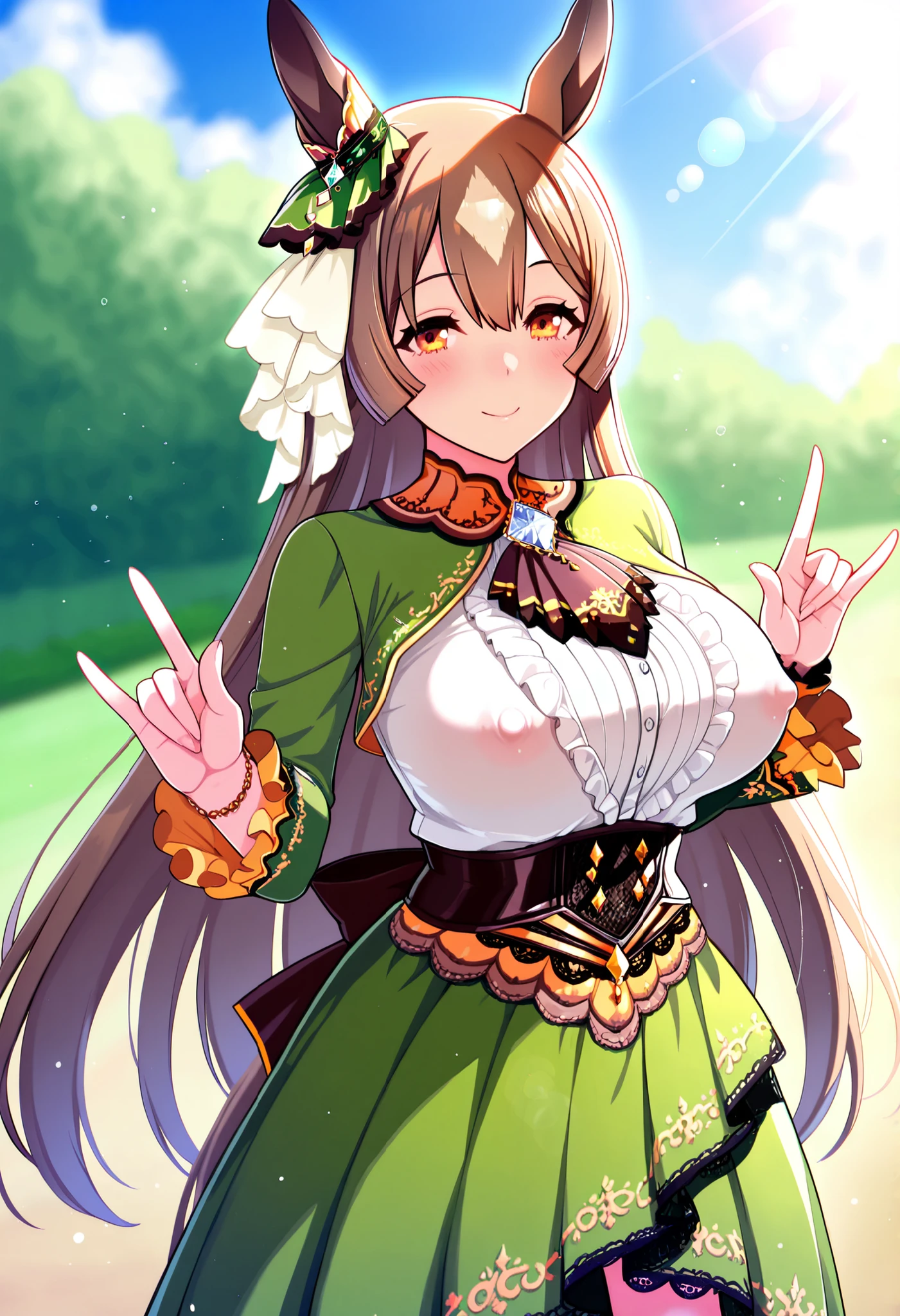 Satouno Diamond Umamusume Pretty Deby, masterpiece, top quality,, score_9, score_8_up, score_7_up ,
Satono Diamond \(Uma Musume\), 1 girl, horse ears, earrings, , smile, horse tail, watch viewers, sleeve until past the wrist, , , ハーフup, null, Outdoors, brown ascot , long sleeve with white ruffles , blue null, blurry background, day, cloud, depth of field, lace trim high low skirt green dress, Blue Brooch , brown bow with low waist \ n cowboy shot ,light,lens flare,light particles,
motion blur to cover nipples, lens flare,Outdoors,