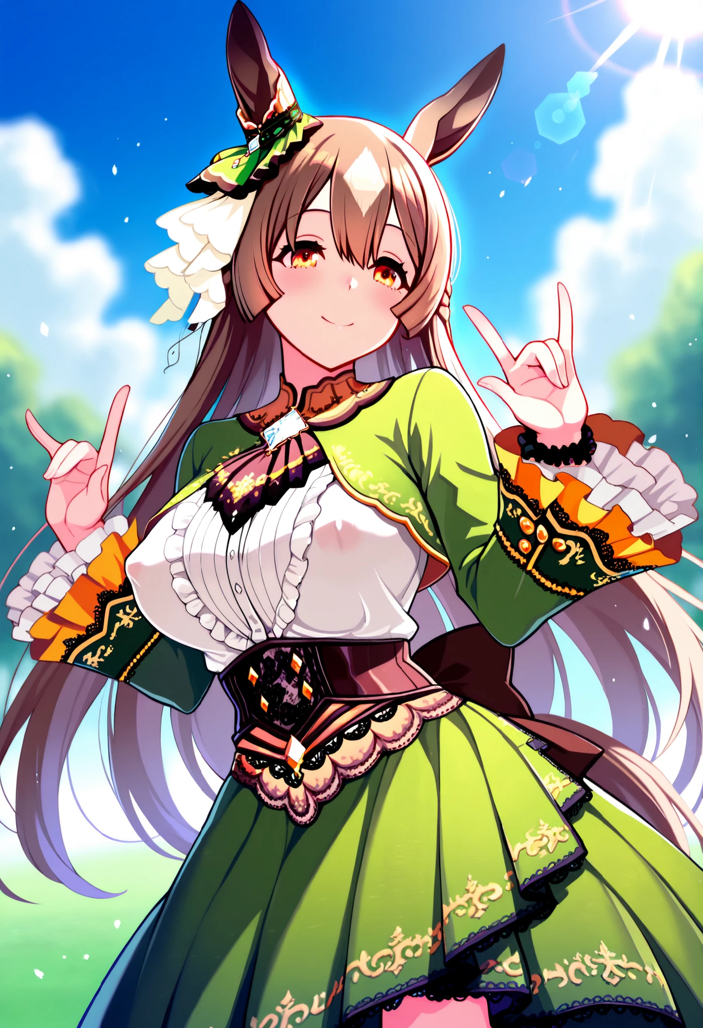 Satouno Diamond Umamusume Pretty Deby, masterpiece, top quality,, score_9, score_8_up, score_7_up ,
Satono Diamond \(Uma Musume\), 1 girl, horse ears, earrings, , smile, horse tail, watch viewers, sleeve until past the wrist, , , ハーフup, null, Outdoors, brown ascot , long sleeve with white ruffles , blue null, blurry background, day, cloud, depth of field, lace trim high low skirt green dress, Blue Brooch , brown bow with low waist \ n cowboy shot ,light,lens flare,light particles,
motion blur to cover nipples, lens flare,Outdoors,