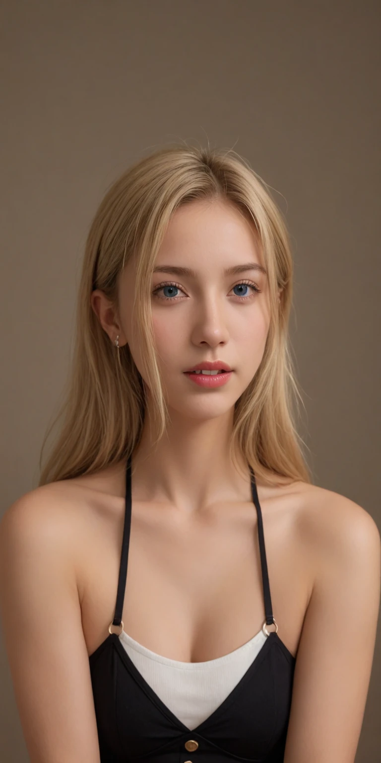 Tight black and orange top:1.2, looking at the audience, movie theater lighting, perfection, soft light, High Resolution Skins:1.2, realistic skin texture, 18-year-old、small face、professional makeup,Show your shoulders,Bust C cup、blue eyes, good, shining blonde hair、Completely naked、gray background、I can see the abdomen、cute smile,