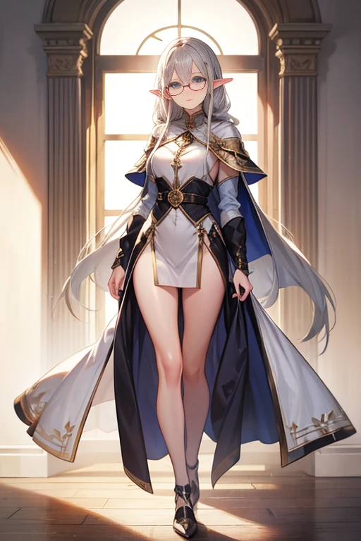 White haired elf in white outfit, that covers vagina and breasts, highlighting her breasts, elf with blue eyes and a fine face, with sexy clothes and comfortable white and gold shoes