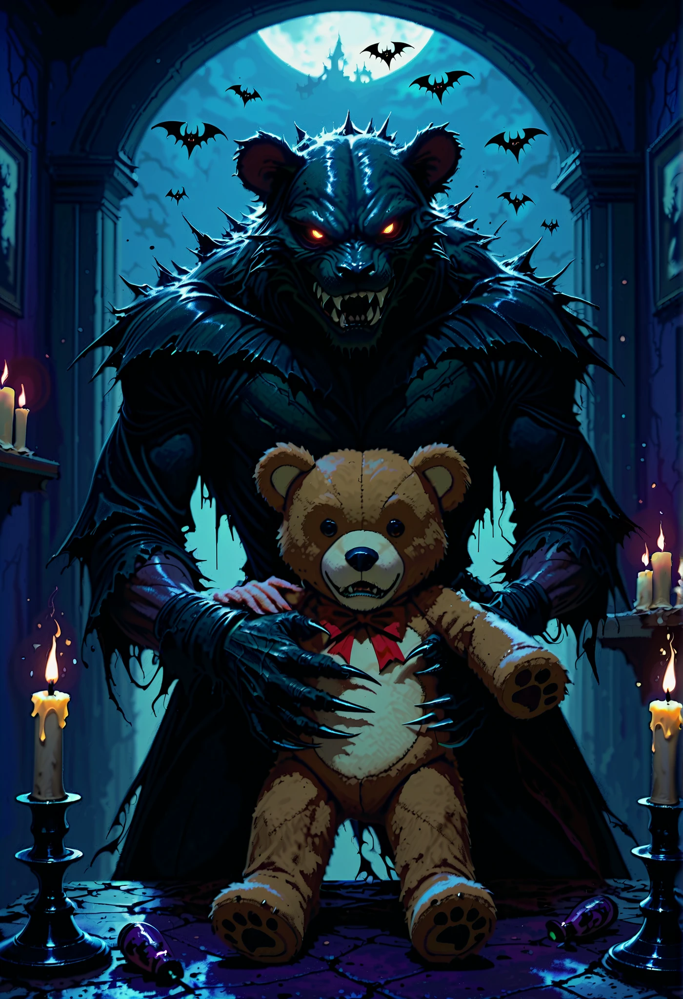 a scary monster, menacing expression, sharp fangs, clawed hands, takes away a 's teddy bear, dark decrepit room, flickering candles, cobwebs, ominous atmosphere, 4k, ultra-detailed, photorealistic, dark fantasy,dramatic lighting,moody colors,gothic,horror,digital painting