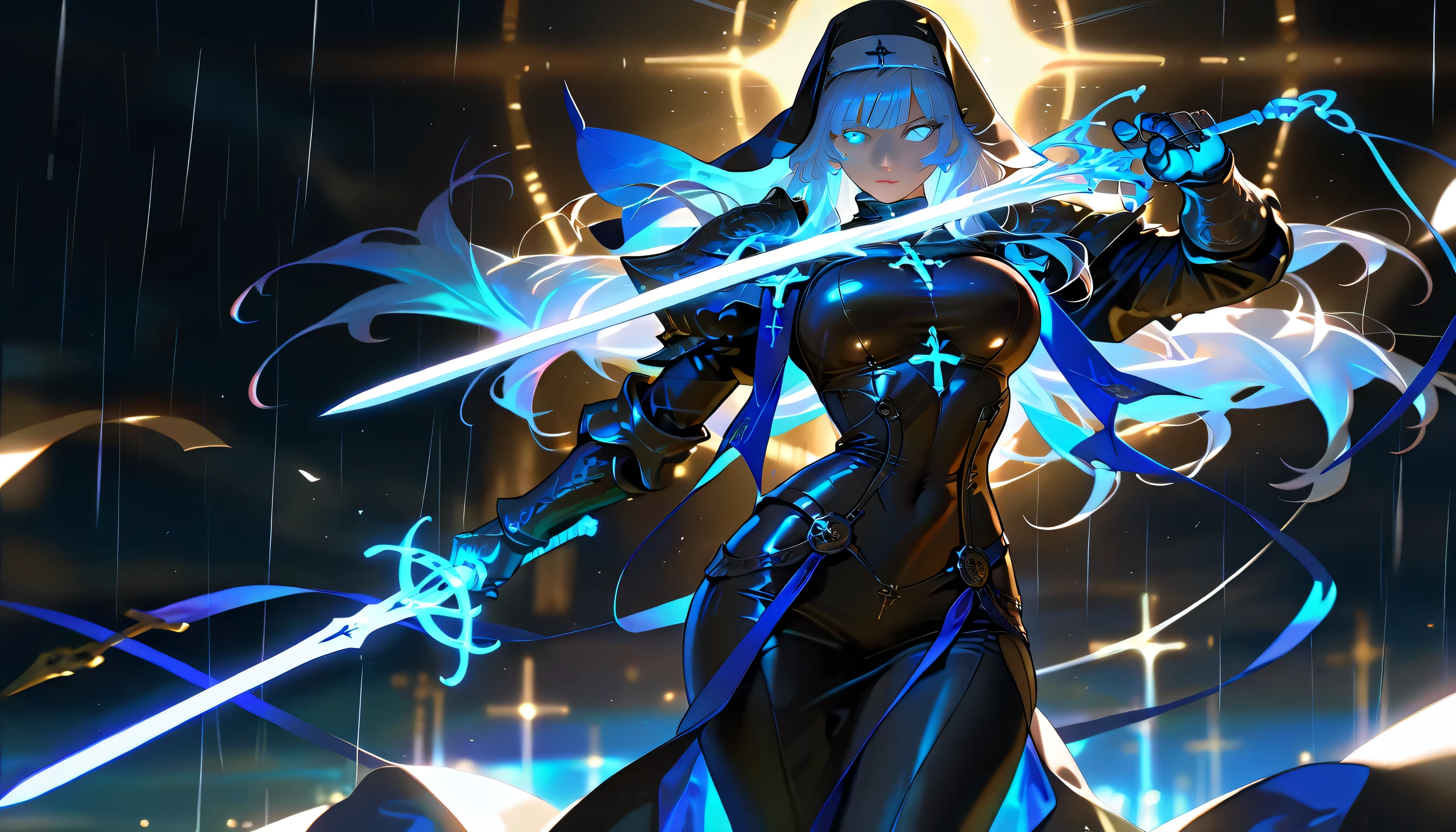 masterpiece, high quality, 4K HD, very aesthetic, 1 girl, beautiful face, long hair, nun, big breasts, dark background, photorealistic, free pose, blue glowing eyes, front bangs, (slim waist), wide hips, holding 1 sword near face, armor, ((dramatic light effects)), heavy rain