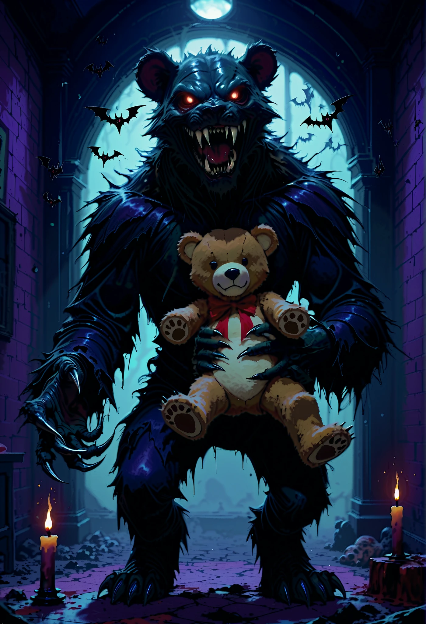 a scary monster, menacing expression, sharp fangs, clawed hands, takes away a 's teddy bear, dark decrepit room, flickering candles, cobwebs, ominous atmosphere, 4k, ultra-detailed, photorealistic, dark fantasy,dramatic lighting,moody colors,gothic,horror,digital painting