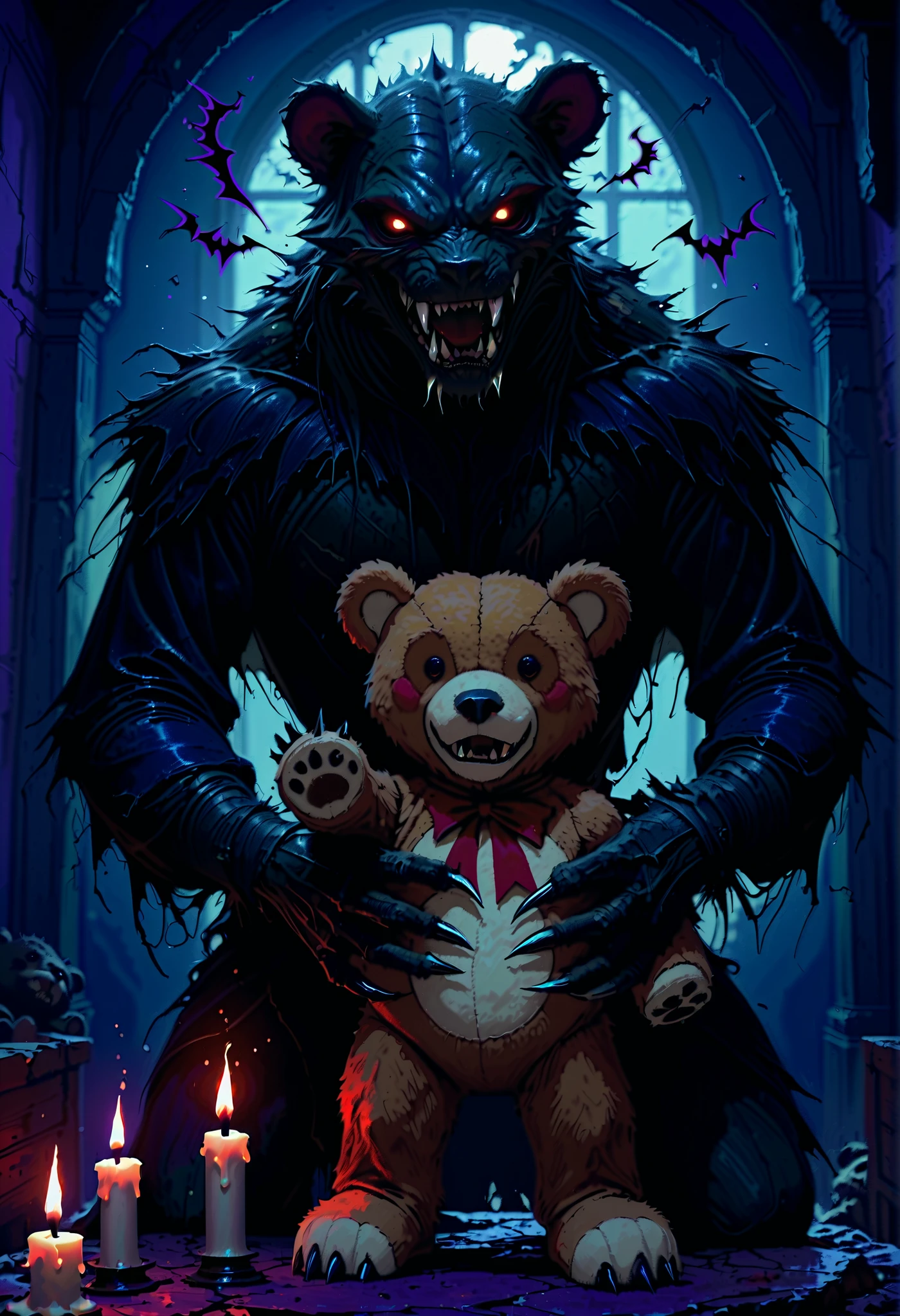 a scary monster, menacing expression, sharp fangs, clawed hands, takes away a 's teddy bear, dark decrepit room, flickering candles, cobwebs, ominous atmosphere, 4k, ultra-detailed, photorealistic, dark fantasy,dramatic lighting,moody colors,gothic,horror,digital painting
