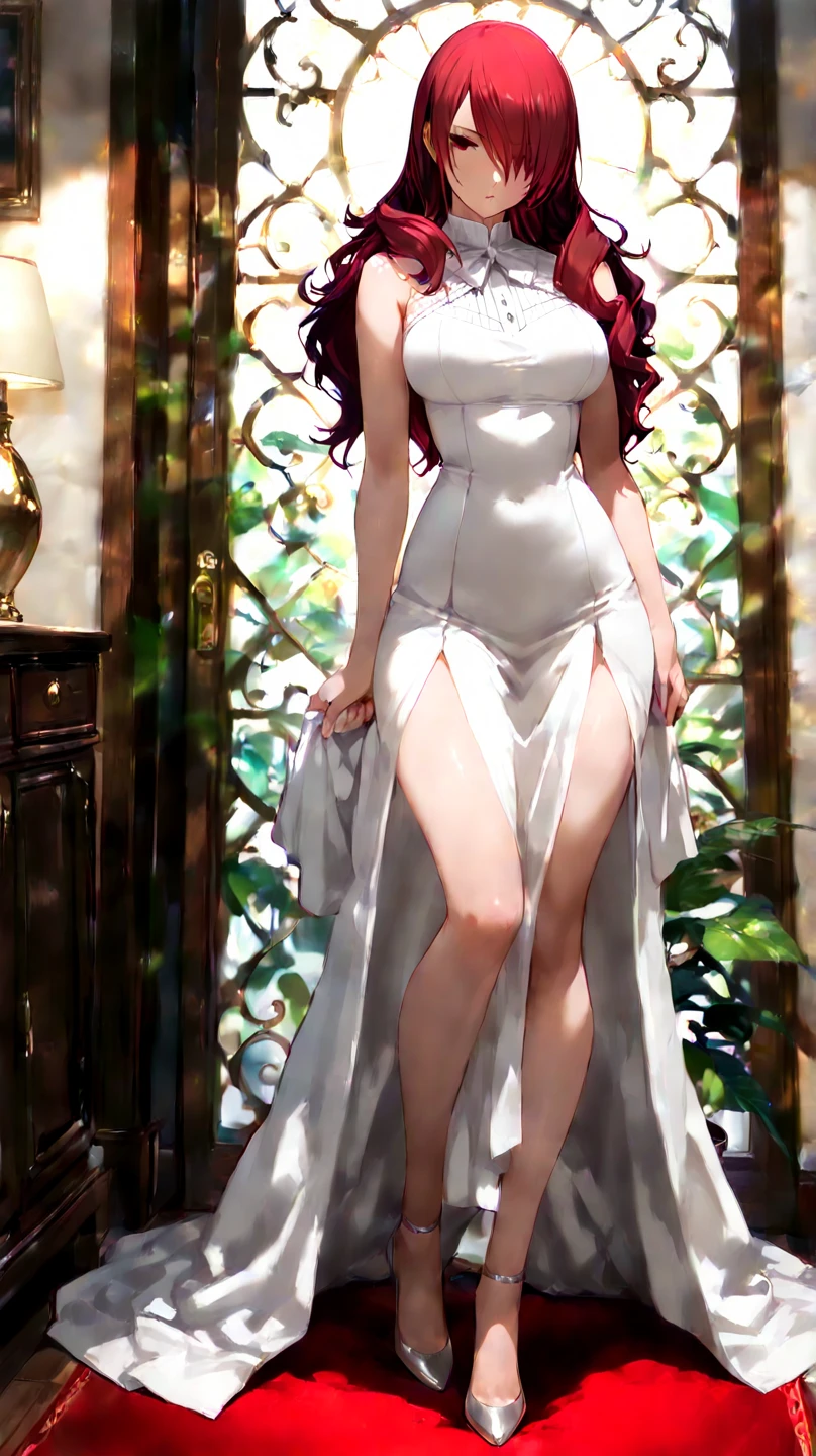 Medium and round breasts, sagging, she is an adult woman ((she is beautiful and cute)), (straight red hair, beautiful earrings, choker, hair decorated with small petals), double eyelids, greenish eyes, clear and detailed, hyper detailed, light effect on the eyes, detailed iris, sensual body, (((her body is covered by a white side strap dress with long sleeves, dress decorated with green flower embroidery on the body, delicate and elegant with beautiful details, beautiful and cool)), (( masterpiece, hyper realistic, hyper detailed, best quality, 16k, light and shadow on the skin, vivid colors)), eyeliner, thin eyebrows, sensual expression, perfect lips, innocent and sexy face, ( (skin with light and shadow), beautifully seductive and embarrassed woman, passionate expression, cute smile ((she is a beautiful woman with a beautiful body)), flirting with the viewer, beautiful, charming, ((at the ball, on the balcony in the castle , beautiful fireplace, romantic and glamorous atmosphere)) , (body tilt) ((elegant sensual pose))