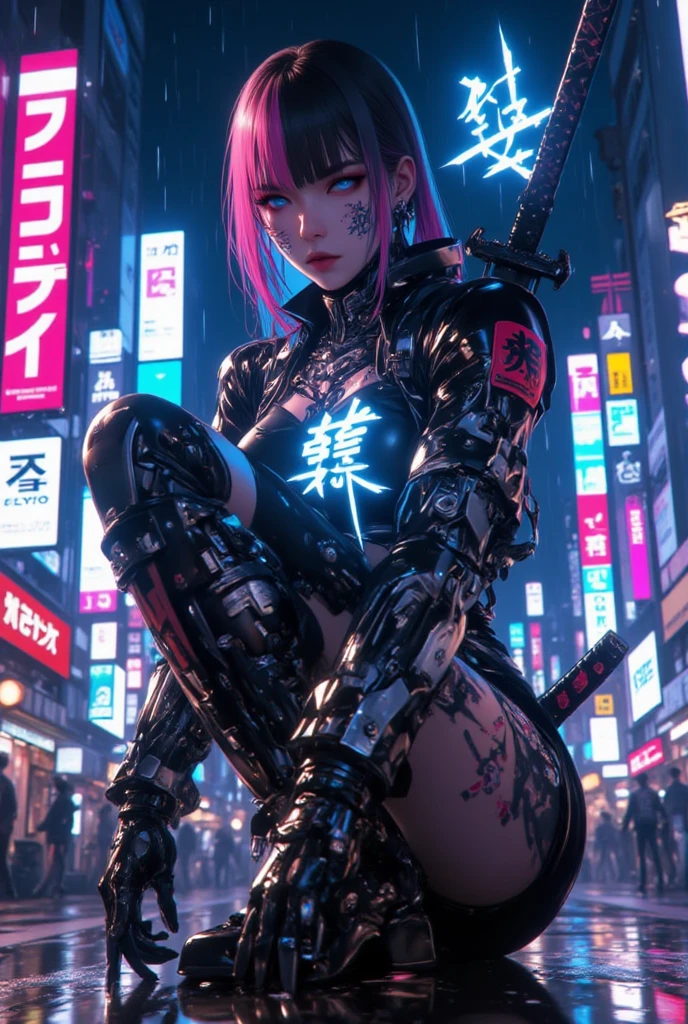(ultra high res, best quality,), (8k, raw photo, best quality, masterpiece), technological sense, best quality, masterpiece, illustration,CG ,unity ,wallpaper, official art, Amazing, finely detail, an extremely delicate and beautiful,extremely detailed, highly detailed, sharp focus,rich background, (real person,photograph), ((high detailed skin)), ((Cyberpunk,Future City,Night,Rainstorm)),Neon, Display Screen, Advertising, (((Mechanical arm,Lots of robot debris and mechanical parts, wires, waste))), 1 girl,full body,serioys,honorable,cold,grim,elegantHaughty,((armoured,machinery,Tight combat uniform)), (Wet clothes, Wet face, Wet skin, Wet hair)),(short hair,pink hair,thick bangs),((small breasts,Very thin)), (Mottled light and shadow,depth of field,cool light),(Dindal effect:1.5),