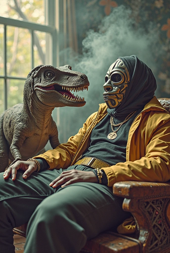 Generate a realistic image where a dark-skinned man had a with a lizard, and this childborn with the body of a man and the head of a lizard. This son is at home snorting coke (cocaine) wetal straw. He has a goatee. Your body and hands are those of a man.