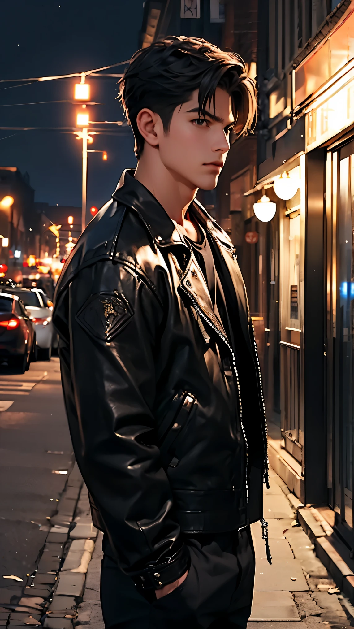 Outlaw lurking in the city、black leather jacket、 comments、 Shadowy atmosphere 、Dexterous hands 、Strong in machines and information technology、 city bustle 、Unique rules、cool、Nihil、Operation Alone、has a presence that blends into the night town