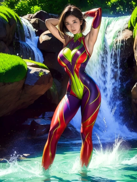 mujer cautivadora, encantadora, vestida de un leotardo rojo, entre grandes rocas cerca del mar, colocha, cameltoe