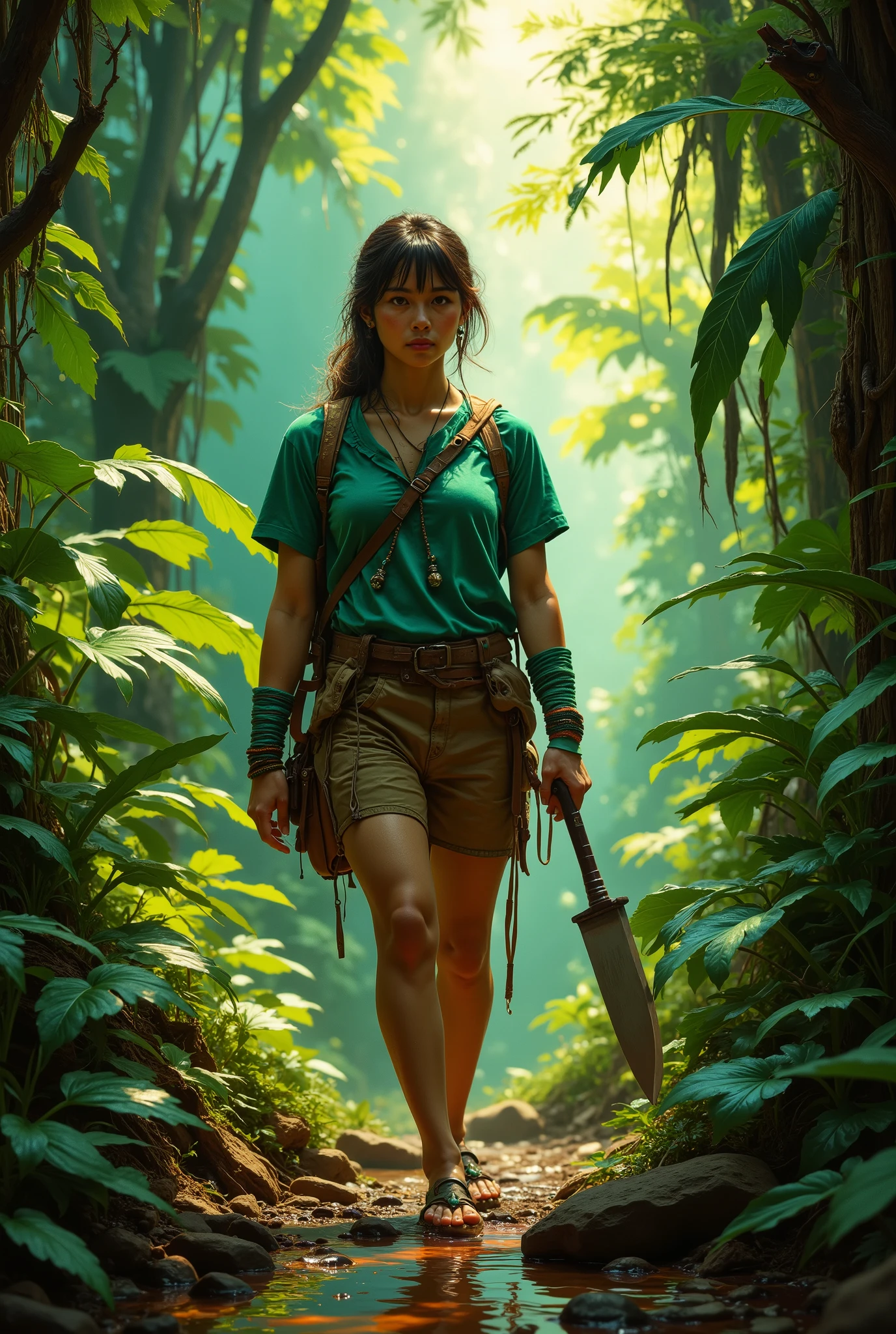 8k photorealistic painting, a young woman of Southeast Asian descent, approximately 20 years old, walks through a lush jungle valley bathed in the soft light of dawn. She wears a flowing, emerald green top and brown khaki shorts, a woven brown leather belt with small pouches adorns her waist, and intricately patterned turquoise and silver armbands adorn her wrists. A small, worn canvas backpack hangs from her shoulders. Her dark brown hair is pulled back in a practical ponytail. Her expression is one of serene determination, her gaze focused on the path ahead. She holds a machete casually in her right hand, its polished blade reflecting the early morning light. Her stance is confident and sure-footed, her body language suggesting both strength and grace. Bright green snakes, rendered with exquisite detail, wind their way through the vibrant jungle foliage. The air is thick with moisture, and dew clings to the vibrant leaves. The composition is a medium shot, with a slightly low angle emphasizing the woman’s strength and the scale of the jungle. The color palette is dominated by lush greens, earthy browns, and the soft, warm hues of the rising sun. The overall mood is one of adventurous tranquility, a sense of wonder and exploration infused with a touch of mystery. The style evokes the lush detail of hyperrealism, combined with the atmospheric quality of romanticism. Complex details abound: each leaf, each texture of bark and fabric, rendered with meticulous precision.