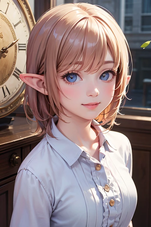 ((highest quality)), ((masterpiece)), (detailed), perfect face blonde hair blue eyes elf white girl milf breasts sexy kind blouse
