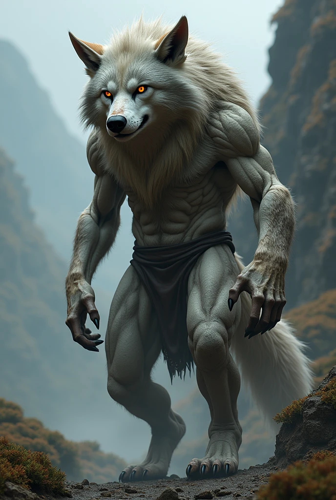 ultra-detailed, masterpiece, masterwork, high quality, best quality, hdr, japanese style, nature, (nsfw), (solo), male, werewolf, chibi, (gray little body werewolf), (white body), (bulge fundoshi), (long silver hair), (yellow eyes), cool pose, dynamic angle, earrings, wolf foots,