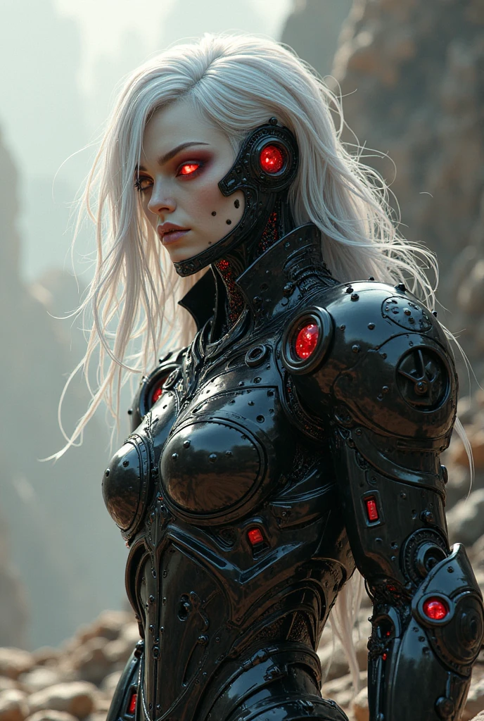 ((a photorealistic glamour shot of an exquisite, glamour mecha female vampire: 1.5)), ((full body: 1.3)), ultra feminine, pale face, golden hair, long vibrant shiny hair, glamorous hair,  red eyes, miniatures mechanical , deep penetrating eyes, red lips, lustful lips, ((two visible vampiric fangs: 1.5), drops of blood dripping from the mouth, ((cyberpunk style: 1.5)), she wears (white elegant glamour dress, with small delicate mechanical parts: 1.4), digital parts,  intricate details, the dress is studded with diamonds, tight suit, dynamic color, high heels, cyberpunk street at night background, (highest quality:1.2, Very detailed, up to date, Vibrant, Ultra-high resolution, High Contrast, masterpiece:1.2, highest quality, Best aesthetics), best details, best quality, highres, ultra wide angle, 16k, [ultra detailed], masterpiece, best quality, (extremely detailed), Genetically modified..., Cinematic Hollywood Film, nijimecha, aetherpunkai