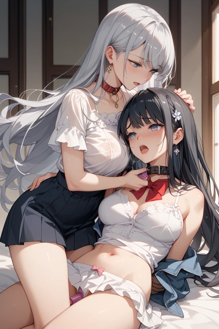 (Best quality, 8k, 32k, Masterpiece, UHD,:1.2),RAW, ((2girls)),ultra cute , natural lighting,transparent shining eyes, 20yo,medium breast ,fair complexion ,flushed face, dynamic angle,, (ecstasy:0.8) ,(slut:0.8), (vulgarity:0.8), (fucked silly:0.8),(steam:0.8),,(trembling:1.3)),(tears:0.7) ,sweat, Happily, blush, at classroom, skirt, (eye contact:1.3), nsfw, unbuttoned, bra,show off panties, From Behind and Below, Touching each other, topless, ((lace bra))